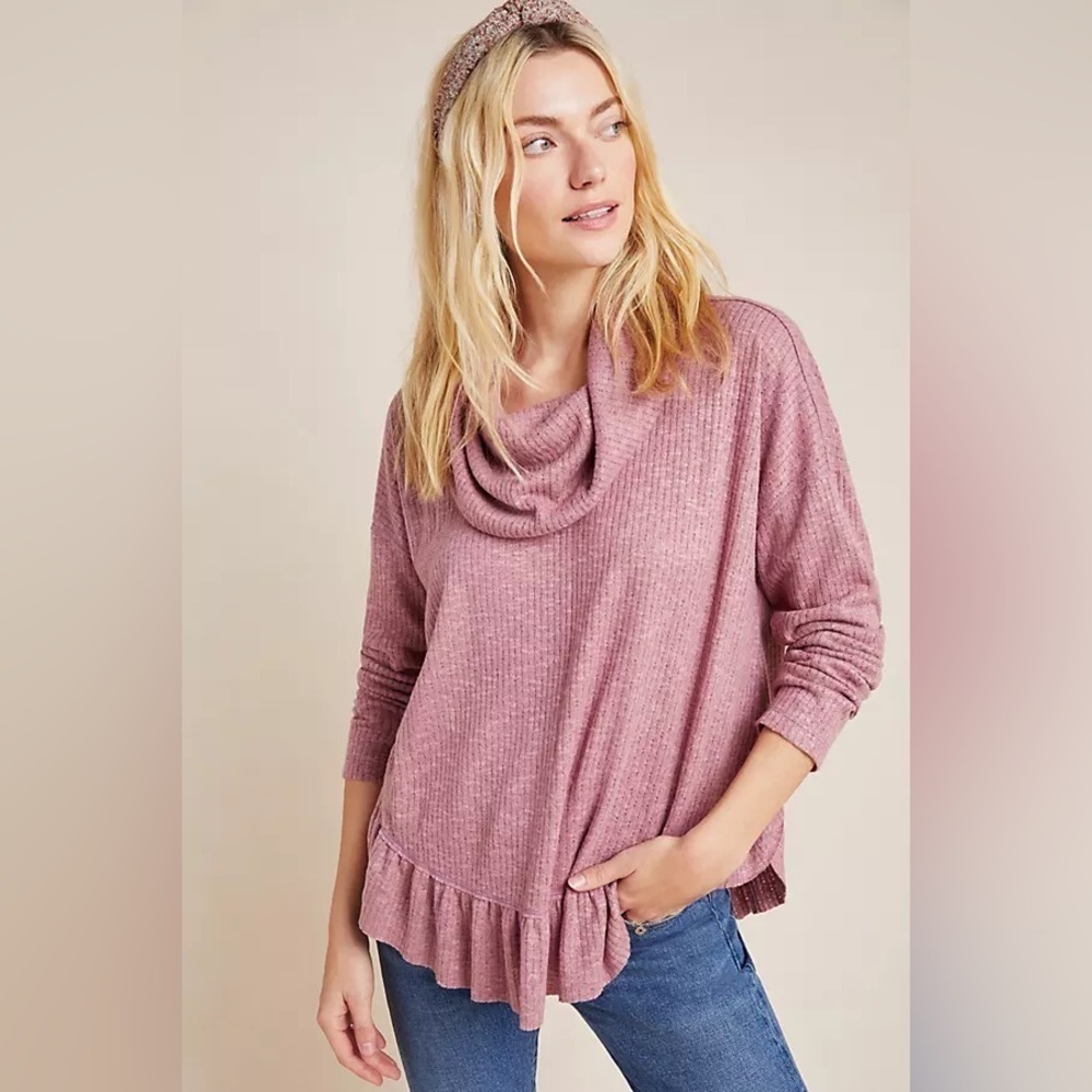 Anthropologie Maeve Addie Ruffled‎ Hacci Pullover Sweater Small pink cowl neck